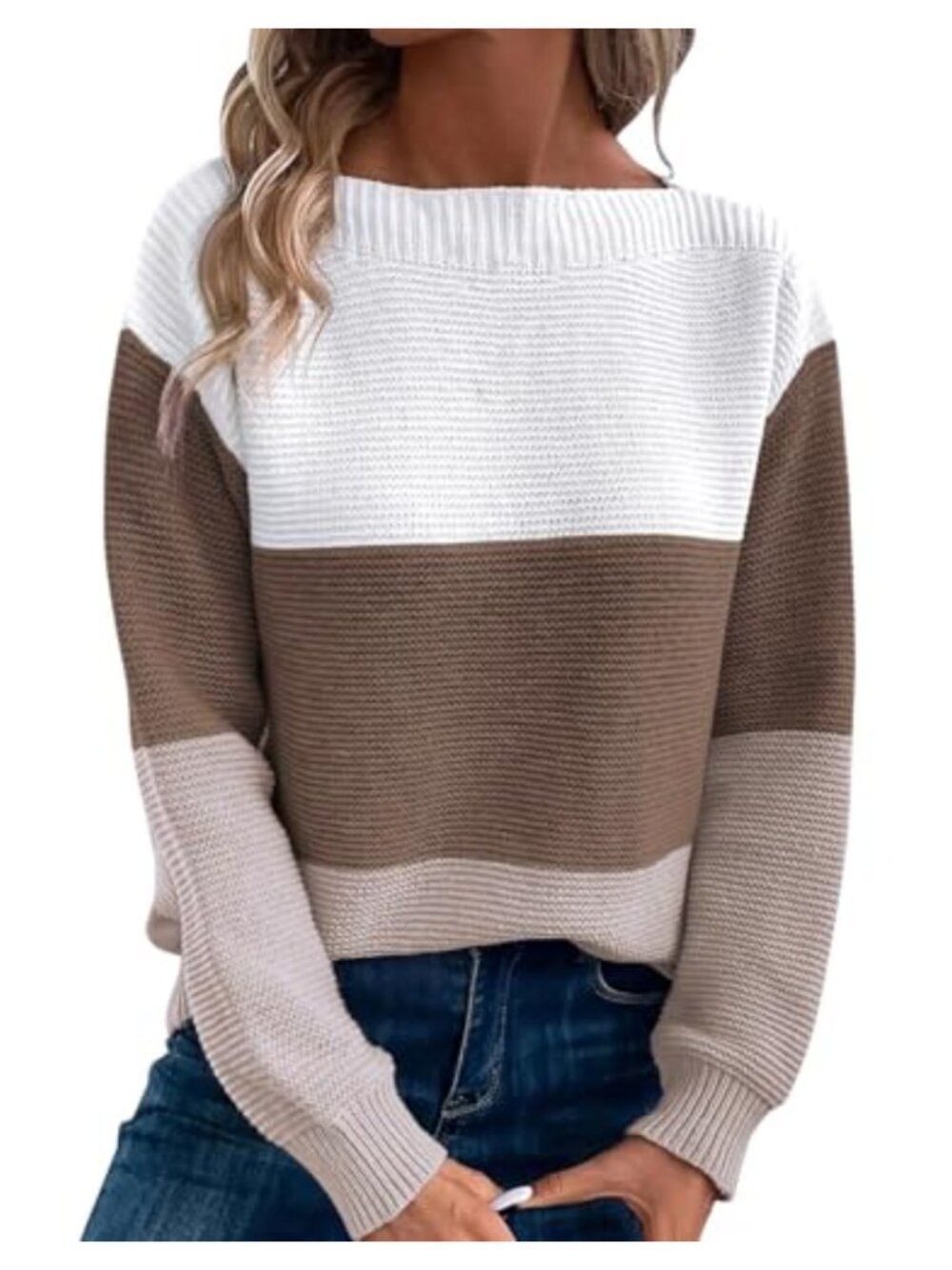 Womens Long Sleeve Crew Neck Color Block Knitted Pullover Sweater Jumper